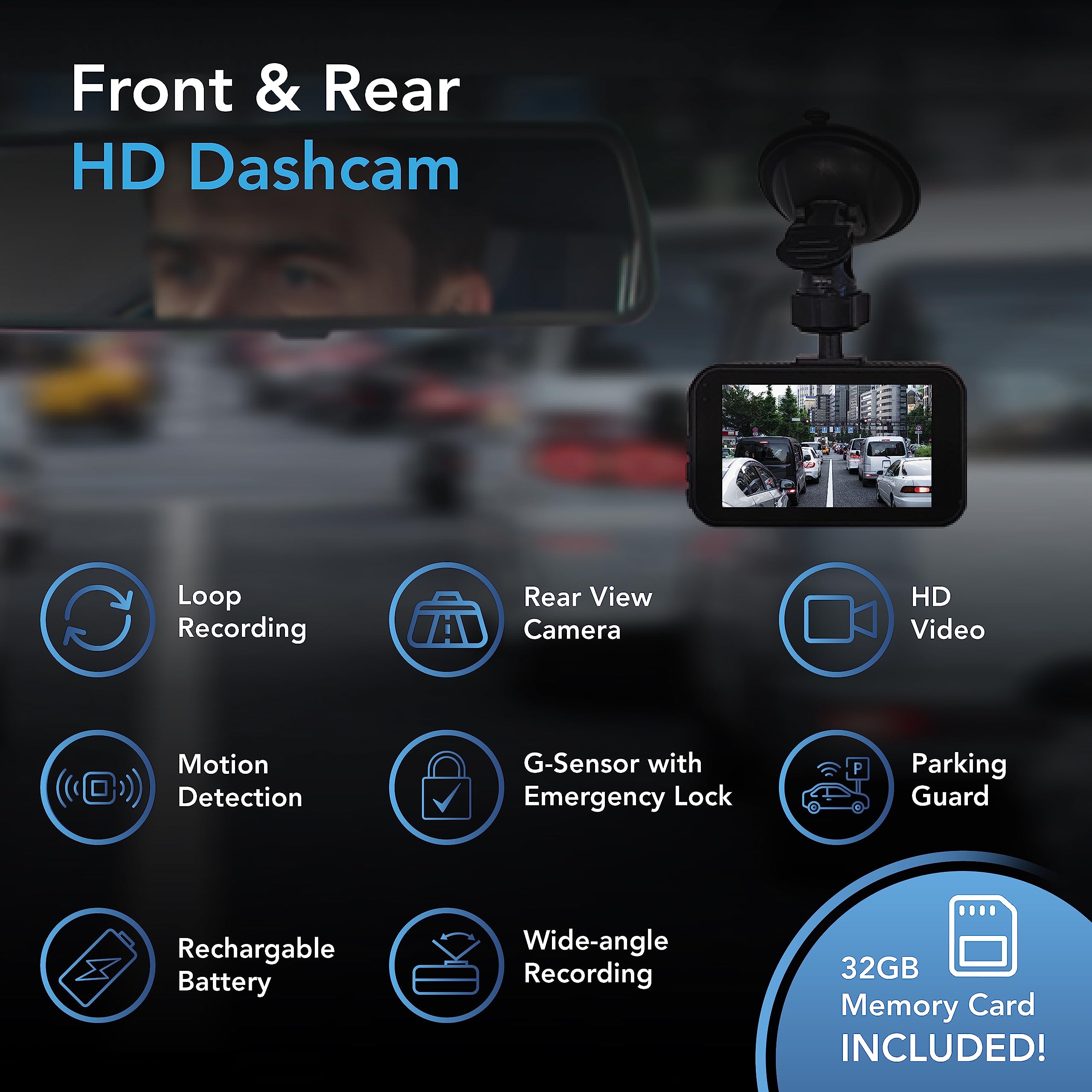 AutoSky Dash Cam Front and Rear - Dash Camera for Cars Mini Dash Cam Full HD with 32GB Memory Card, 3 inch IPS Screen, Accident Lock, Loop Recording, Parking Monitor, Motion Detection