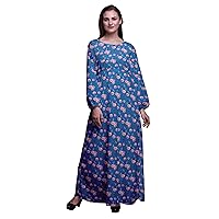 Bimba Polyester Georgette Leaves & Ranunculus Floral Printed Women's Long Sleeve Maxi Dress Elastic Waist Gown-Large