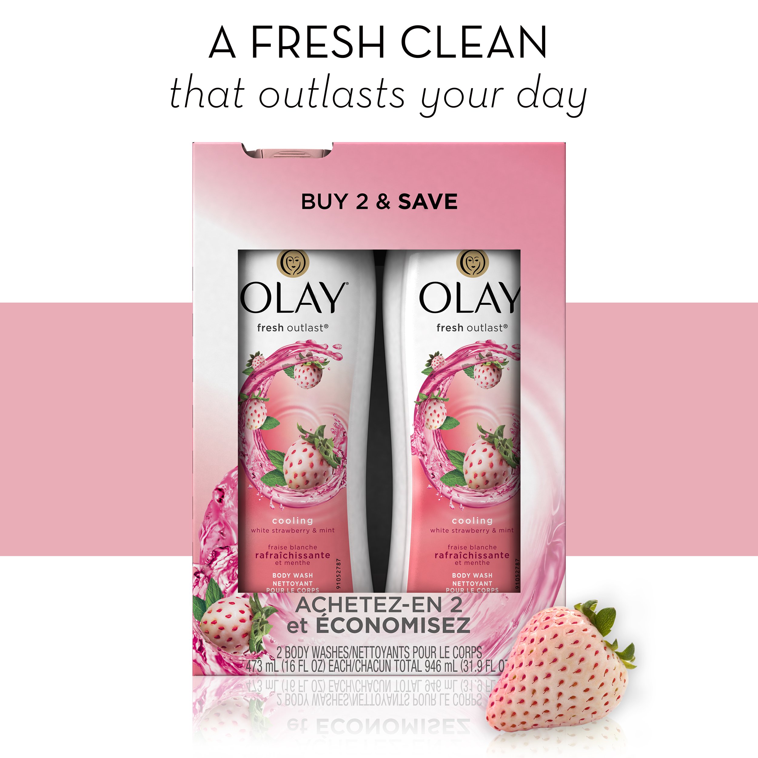 Olay Fresh Outlast Cooling White Strawberry & Mint Body Wash, 16 Fl Oz Twin Pack