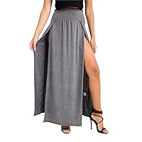 New Womens Double Split High Waist Side Slit Plain Basic Summer Long Maxi Skirt