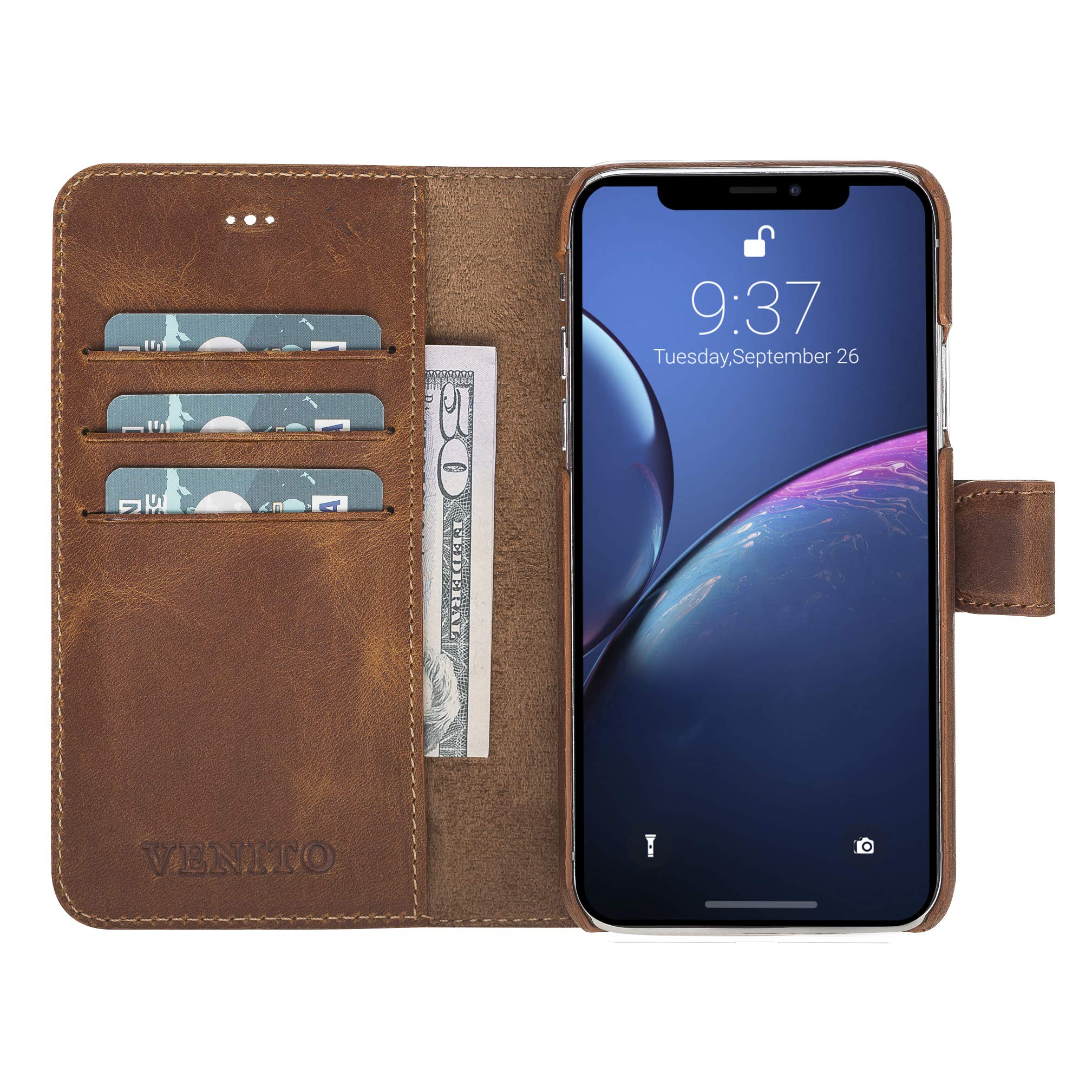 Venito Florence Leather Wallet Phone Case Compatible with iPhone X and iPhone Xs - Extra Secure with RFID Blocking - Detachable Phone Wallet - Antique Brown
