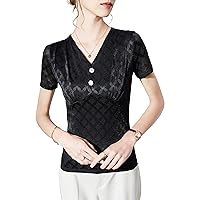 Casual Mesh Top for Women, Fashion Sexy V Neck Short Sleeve Jacquard Blouses Ladies Daily Elegant Work Outdoor Shirt