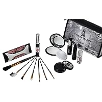 Gothic Style Final Touch Makeup Kit By Bloody Mary - Professional Quality Dark Goth Look Cosmetic Supplies Set - Black Mascara, Nail Polish, Eyeshadow, Face Powder, Lipstick, Brushes - Zippered Case