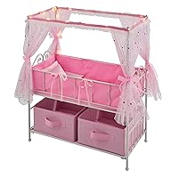 Badger Basket Starlights Toy Metal Doll Bed with Canopy, Lights, and Storage for 18 inch Dolls - Pink