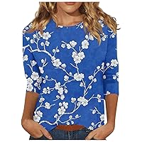 Tops for Women Sexy Casual,3/4 Length Sleeve Womens Tops Print Graphic Round Neck Tees Blouses Trendy Tops for Women 2024