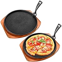 Cast Iron Fajita Plate Set 9.84'' Steak Plate Sizzling Pan with Wooden Base and Gripper for Home Restaurant Kitchen Catering Cooking for Grilling Meats Seafood(2 Sets)