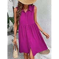 Women's Dress Dresses for Women Solid Button Front Smock Dress (Color : Purple, Size : Large)