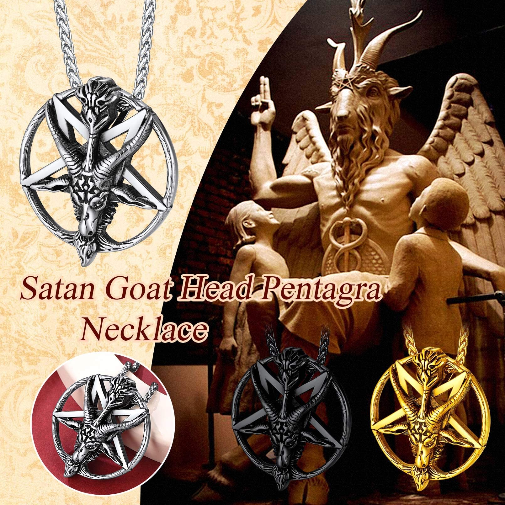 FaithHeart Leviathan Satanic Brimstone Cross Necklace, Gold Plated Satan Church Jewelry, Alchemical Symbol for Brimstone Pendant with Chain, Satan Goat Necklaces