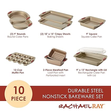 Rachael Ray Cucina Nonstick Bakeware Set Baking Cookie Sheets Cake Muffin Bread Pan, 10 Piece, Latte Brown with Cranberry Red Grips