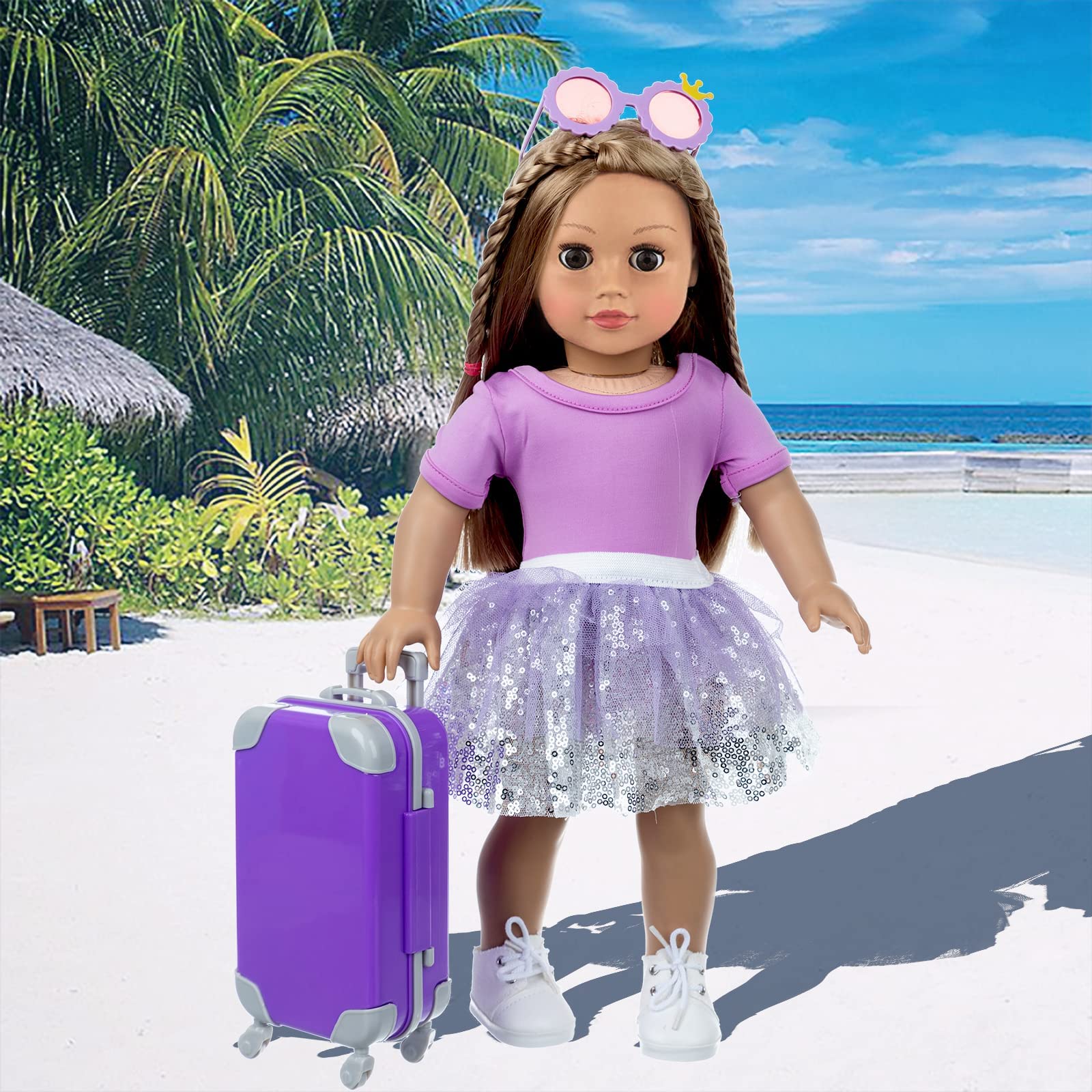 ZNTWEI 18 Inch Girl Doll Travel Suitcase Play Set with 18 Inch Doll Clothes and Accessories Including Sunglasses Camera Computer Phone Ipad Travel Pillow ect