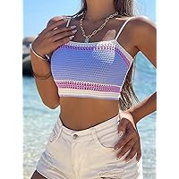 Women's Tops Women's Shirts Sexy Tops for Women Colorblock Lace Up Back Crop Knit Top (Color : Multicolor, Size : Medium)