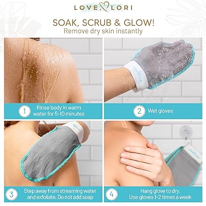 LOVE, LORI Exfoliating Glove (Set of 2) - 100% Viscose Fiber Exfoliating Mitt - Dead Skin Remover for Body, Keratosis Pilaris & Self Tanning - Improve Skin Texture - Self Care Gifts for Women