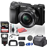 Sony Alpha a6100 Mirrorless Digital Camera (ILCE6100L/B) with 16-50mm Lenses with Flash, Extra Battery, 64GB Memory Card, Padded Bag, and More - Extra Battery Bundle (Renewed)