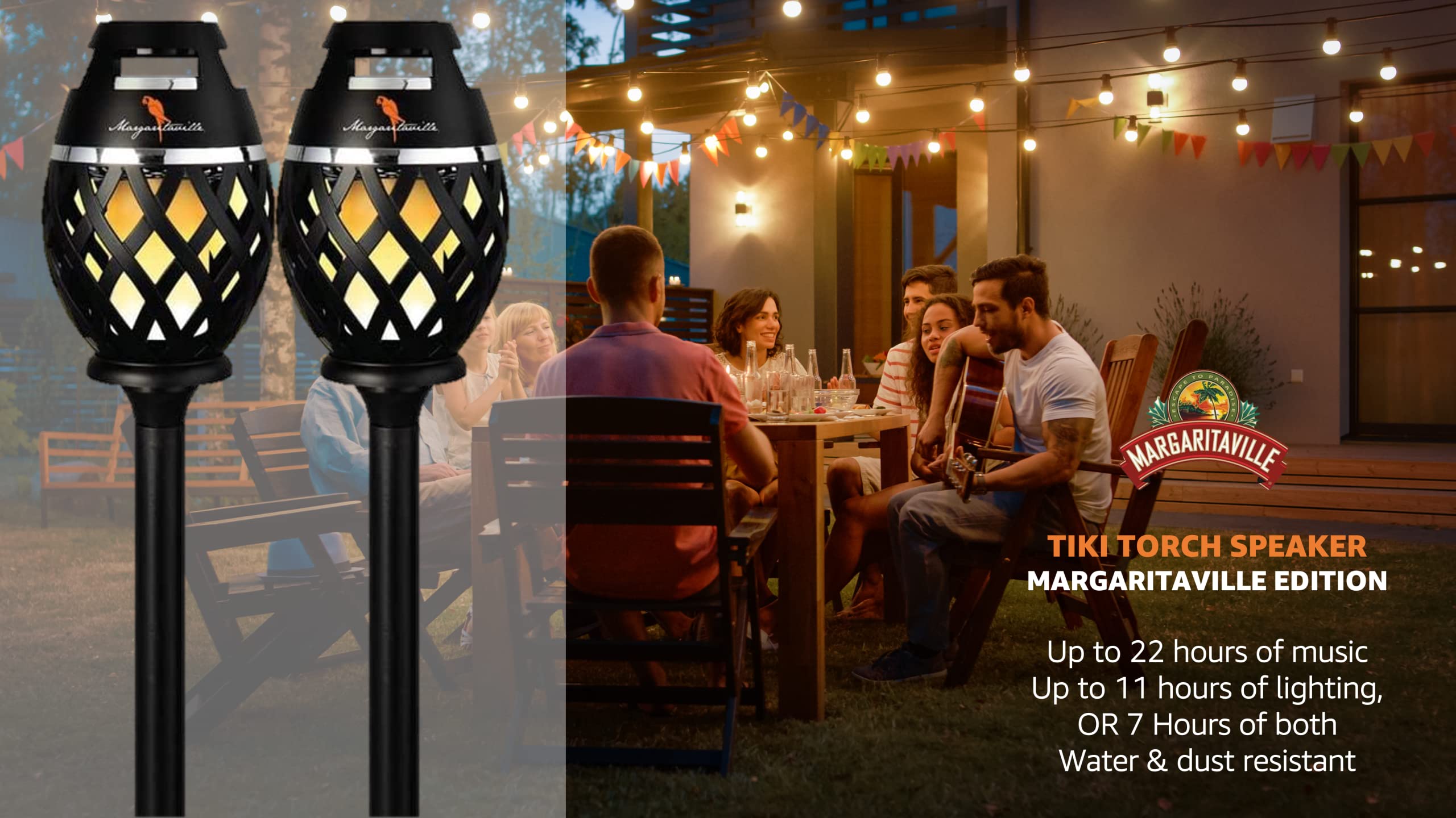 Margaritaville Tiki Torch - Waterproof Bluetooth Speaker, Portable Party Speaker with Flickering LED Lights, Perfect for Travel, Parties, Yards, and Pools (2 Pack)