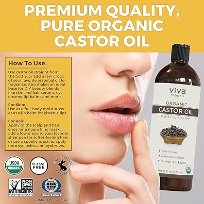 Organic Castor Oil for Eyelashes and Eyebrows - 16 fl oz, USDA Organic, Pure Hexane-Free Moisturizer Traditionally Used for Hair Growth, Natural Skin and Eyelash Serum, Cold Pressed with Beauty Kit