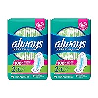 Always Ultra Thin Pads Size 2 Super Long Absorbency Scented with Wings, 40 Count, Packaging may vary
