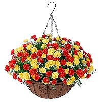 Artificial Faux Hanging Flowers Basket for Outdoors Outside Decoration, Silk Fake Hanging Flowers Colorful Daisy with Coconut Lining Baskets for Courtyard Spring Summer Decor(Yellow and red)