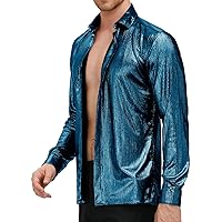 PJ PAUL JONES Men's 70s Disco Shirts Luxury Metallic Sequins Button Down Long Sleeve Party Shirt Nightclub Costume Tops