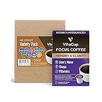 VitaCup Coffee Pod Variety Sampler Pack 40ct + Focus Mushroom Coffee Pods | Vitamin & Superfood infused Recyclable Single Serve Pods Compatible w/K-Cup Brewers