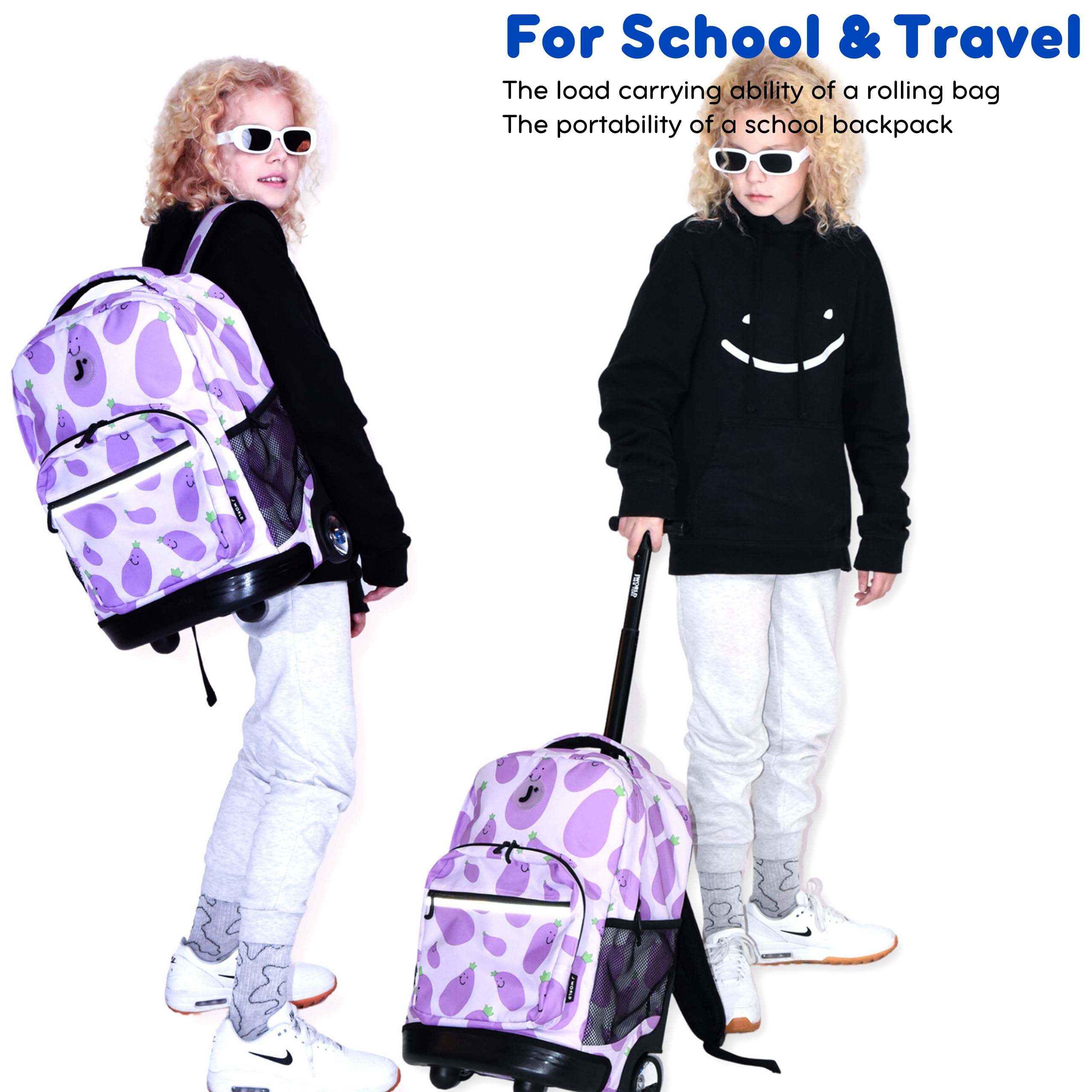 J World New York Sunrise Kids Rolling Backpack for Girls Boys Teen. Roller Bookbag with Wheels, Disco, 18