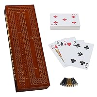 WE Games 3 Player Wood Cribbage Set - Easy Grip Pegs and 2 Decks of Cards Inside of Board - Walnut Stained