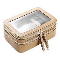 Clear Makeup Bag Organizer Double Zipper, Toiletry Bag Heavy Duty Transparent Zipper Cosmetic Bags,Portable Travel Cosmetic Bag, with Clear Adhesive Window and Gold Zipper (B_Khaki)