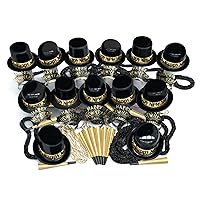 Crown Display New Years Eve Party Supplies 2024 I 250 Pcs I Black and Gold Top Hats Tiaras Bead Necklace Noise Makers I 2024 New Years Decorations Happy New Year Decorations 2024 Bulk Party Favors