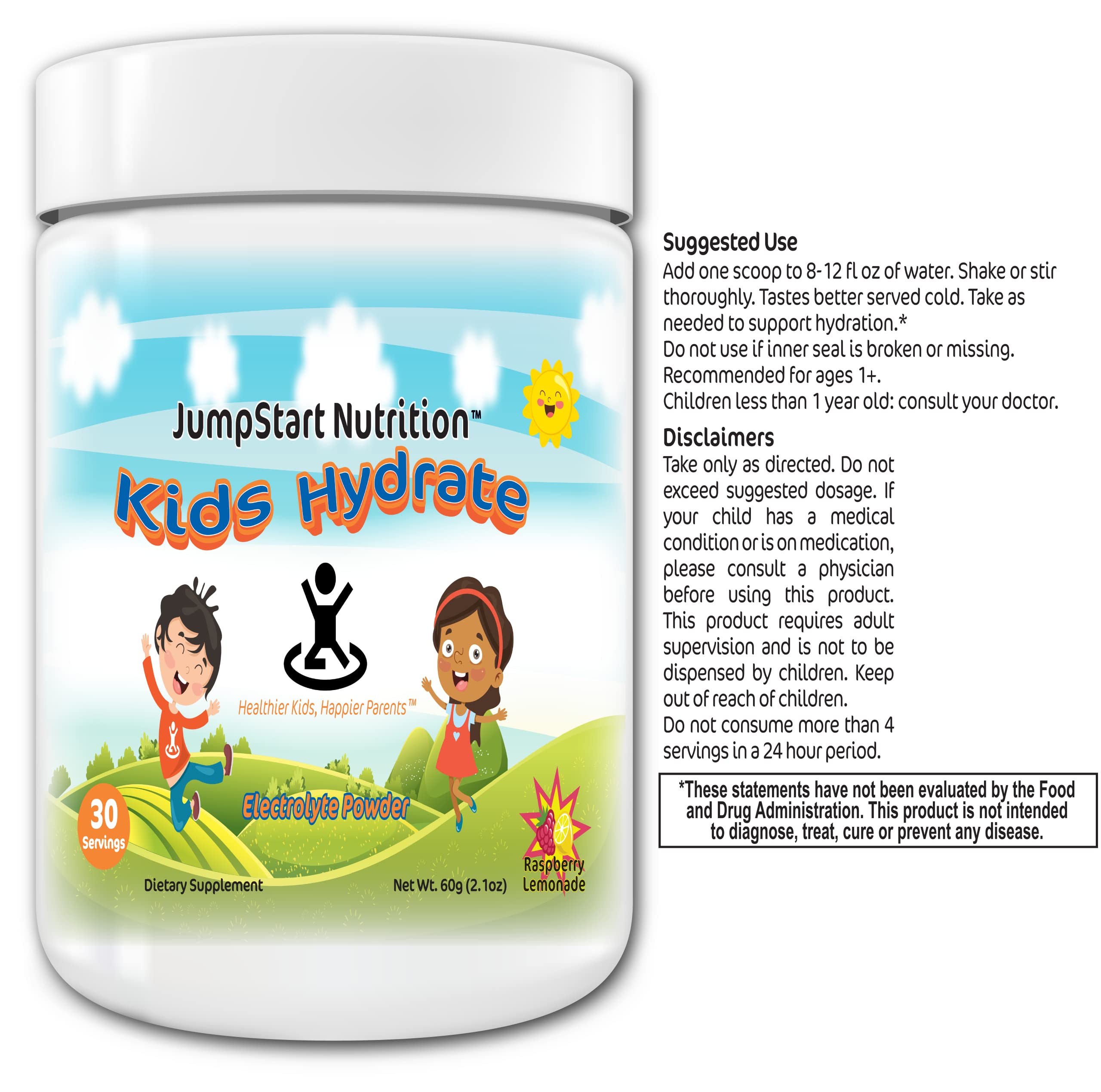 JumpStart Nutrition Kids Hydrate, Electrolyte Powder, Raspberry Lemonade, 30 Servings, Sugar Free, Gluten Free, Soy Free, Dairy Free, Non-GMO