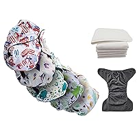 Baby Bamboo 5 Eco-Friendly Printed Cloth Diapers for Boys + 5 4-Layer Microfiber Inserts (White and Gray) Bamboo Fiber Inner Cloth Diaper