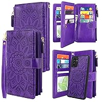 Harryshell Compatible with Samsung Galaxy A13 5G Wallet Case Detachable Magnet Removable Phone Cover Zipper Cash Money Pocket with Multi Card Slots Holder Wrist Strap Floral Flower (Purple)