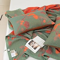 100% Cotton Muslin Pillow Shams Set of 2 Jacquard Green Orange Floral Ginkgo Leaves Pillow Covers, Soft 3 Layers Gauzy Reversible Pillow Protectors, 20