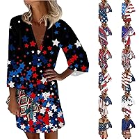 White and Red Dress Patriotic Dress for Women Sexy Casual Vintage Print with 3/4 Length Sleeve Deep V Neck Independence Day Dresses Blue Small