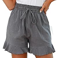 LNX Womens Linen Shorts High Waisted Wide Leg Drawstring Ruffle Flowy Shorts with Pockets
