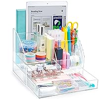 ARCOBIS Acrylic Desk Organizer with 2 Drawers, Clear Office Desktop Accessories Stationery Pen Organizer for Desk, Features 5 Compartments + 2 Sliding Drawer