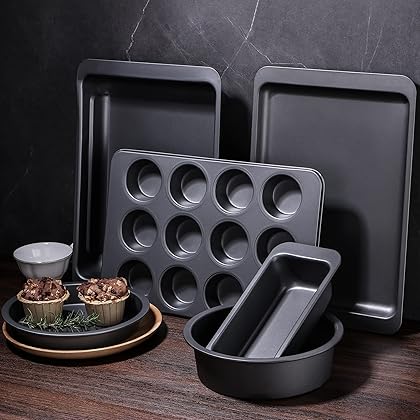 HONGBAKE Nonstick Baking Pans Set, Bakeware Sets of 6,Professional Baking Sheet Set for Loaf, Muffin, Cookie,Heavy-duty Carbon Steel - Grey