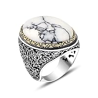Silver Large Turquoise Men Ring, White Turquoise Men Silver Ring, Oval Gemstone Ring, Turkish Handmade Ring, 925k Sterling Silver Ring