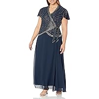 J Kara Women's Petite V-Neck Cap Flutter Sleeve Beaded Stripe Bodice Chiffon Gown