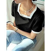 Women's T-Shirt Square Neck Contrast Binding Tee T-Shirt for Women (Color : Black, Size : Small)