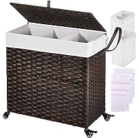 GREENSTELL Laundry Hamper with Wheels&Lid, 140L Large 3 Sections Clothes Hamper with 2 Types Removable Liner Bags, 5 Mesh Laundry Bags, Handwoven Divided Laundry Basket Brown