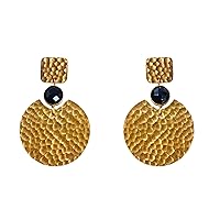 8mm Round Black Spinel Cut Stone Hammered Finish Gold Plated Round Circle & Square Brass Earrings, Modern Statement Dangle Handmade Earrings