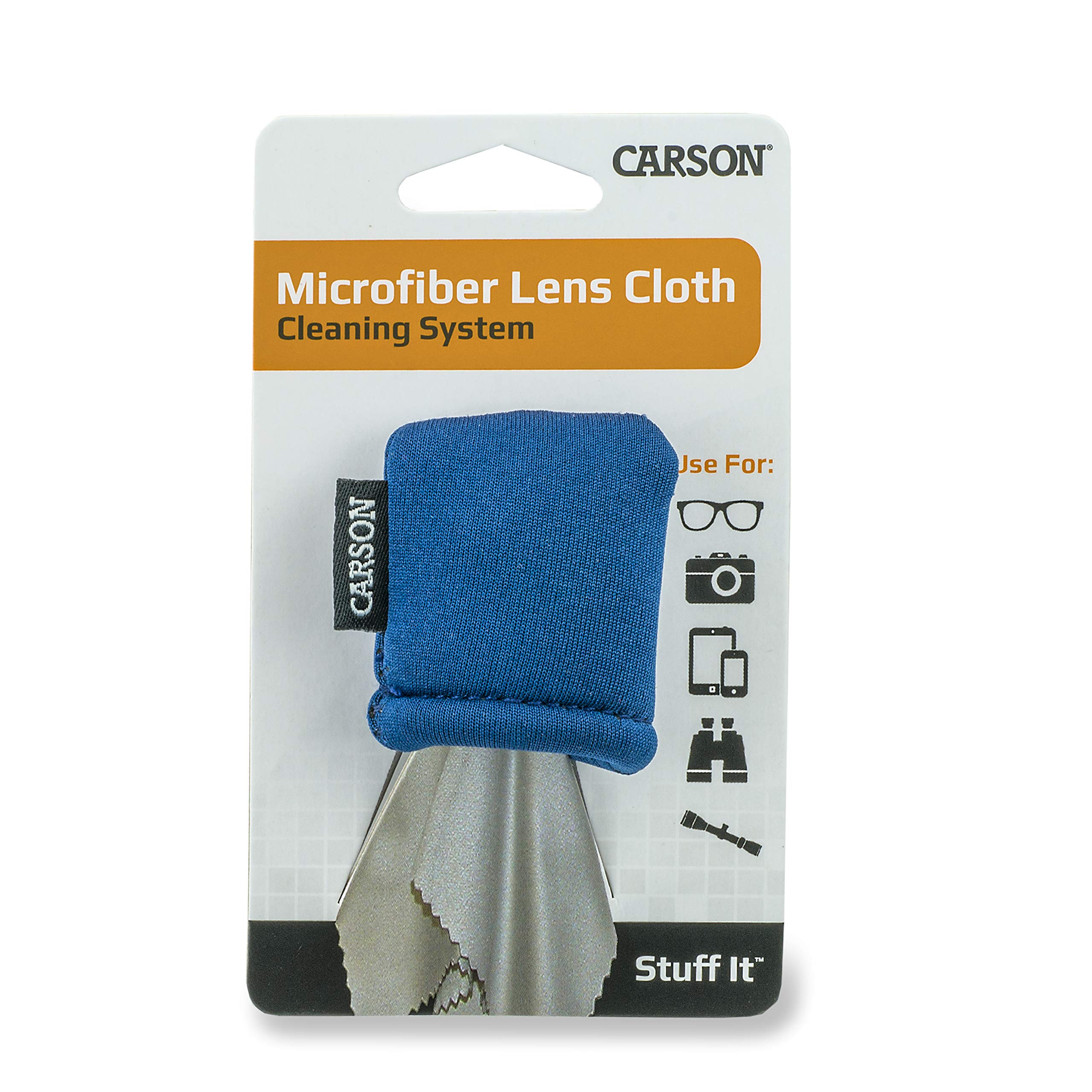 Carson Stuff-It Microfiber Lens Cloth Cleaning System for Eyeglasses, Smartphones, Tablets, Optics Lenses, Cameras and More, 6.25'' x 6.25'' - Blue (SN-40BU)