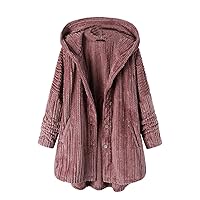 Women's Winter Coats Fuzzy Fleece Long Hooded Jackets Button Lightweight Warm Oversized Outwear A Line Teddy Coat