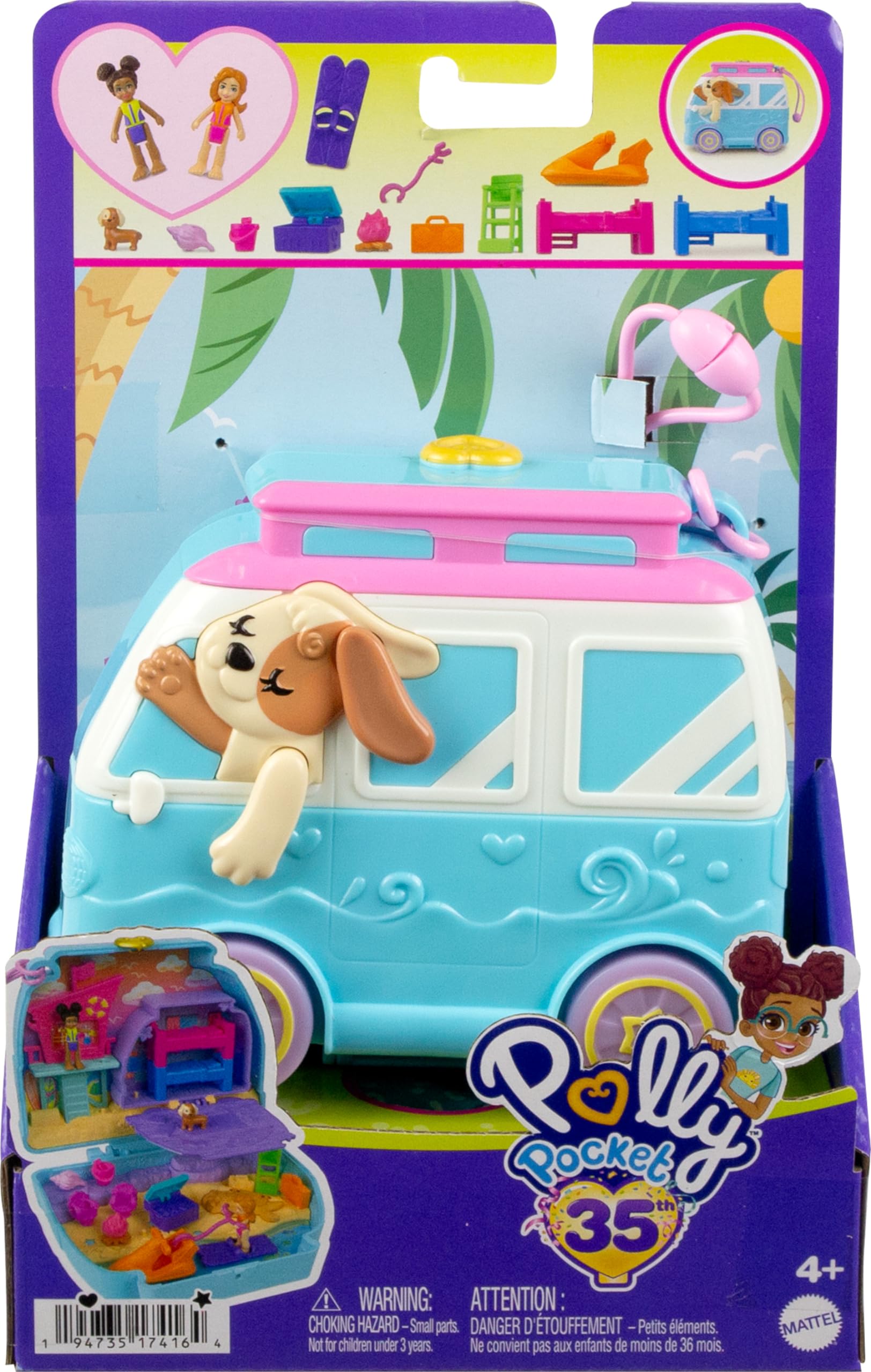 Polly Pocket Dolls and Playset, Travel Toy with Fidget Exterior, Seaside Puppy Ride Compact with 12 Accessories