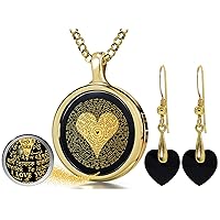 NanoStyle I Love You Necklace Pure Gold Inscribed in 120 Languages in Miniature Text on Onyx Gemstone Birthday Gift Pendant and Black Crystal Heart Drop Earrings Jewelry Set for Women, 18