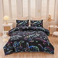 Meeting Story Dinosaur Comforter Set,Fluorescence Dinosaur Colorful Pattern Twin Comforter Set, 3 PCS 1 Comforter and 2 Pillowcases in One Bag, All Season Bedspread for Kids Teens Adults(Full)