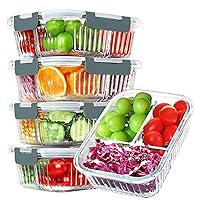 KOMUEE Glass Meal Prep Containers 3 Compartment with lids, 5 Pack 36 oz, Airtight Food Storage Glass Lunch Bento Box, Dishwasher and Microwave Safe,Gray