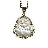 Laughing Buddha White Jade Iced Diamond Pendant Gold P Rope Chain Necklace14k Genuine Certified Grade A Jadeite Jade Hand Crafted, Natural Green Obsidian Healing Mala Statue Prayer Buddha