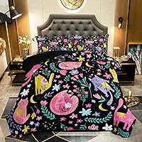 Floral Cat Comforter Twin Size,Black Cats Comforter Set for Kids Teens Girls,3Pcs Bedding Set Printed Comforter with 2 Pillowcases,Down Alternative,Soft and Lightweight(Black，Twin Size)