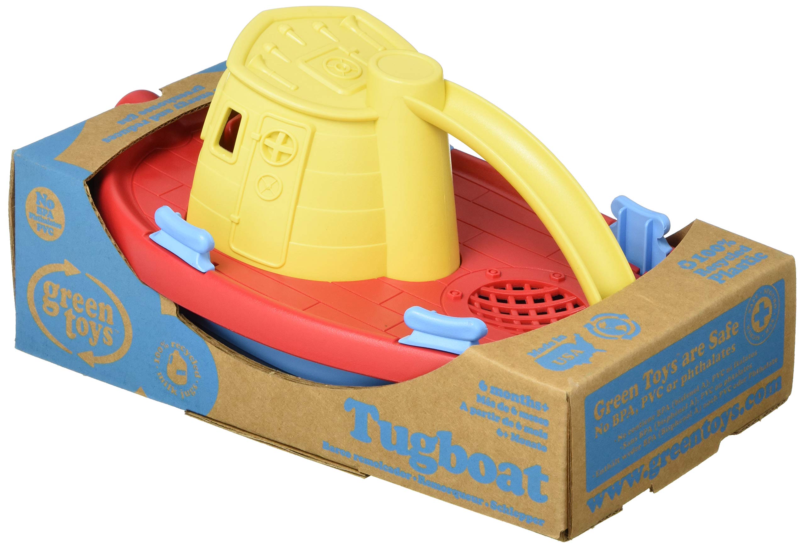 Green Toys Tugboat, Assorted CB - Pretend Play, Motor Skills, Kids Bath Toy Floating Pouring Vehicle. No BPA, phthalates, PVC. Dishwasher Safe, Recycled Plastic, Made in USA.