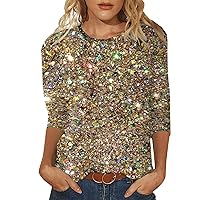 Dressy Tops for Women for Evening Party 3/4 Sleeve Women's Sequin Casual Printed Round Neck Loose Sleeved Quar